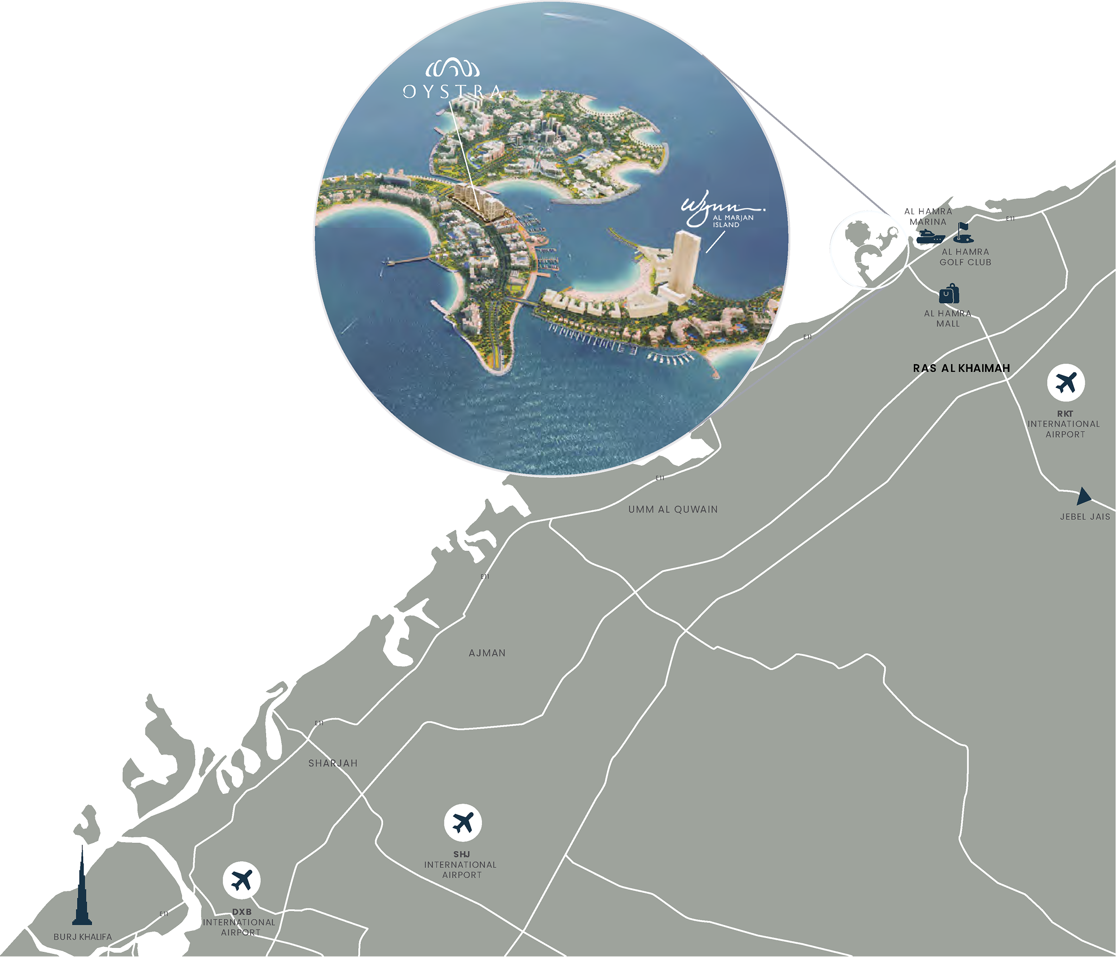 Map of Al Marjan Island and nearby destinations