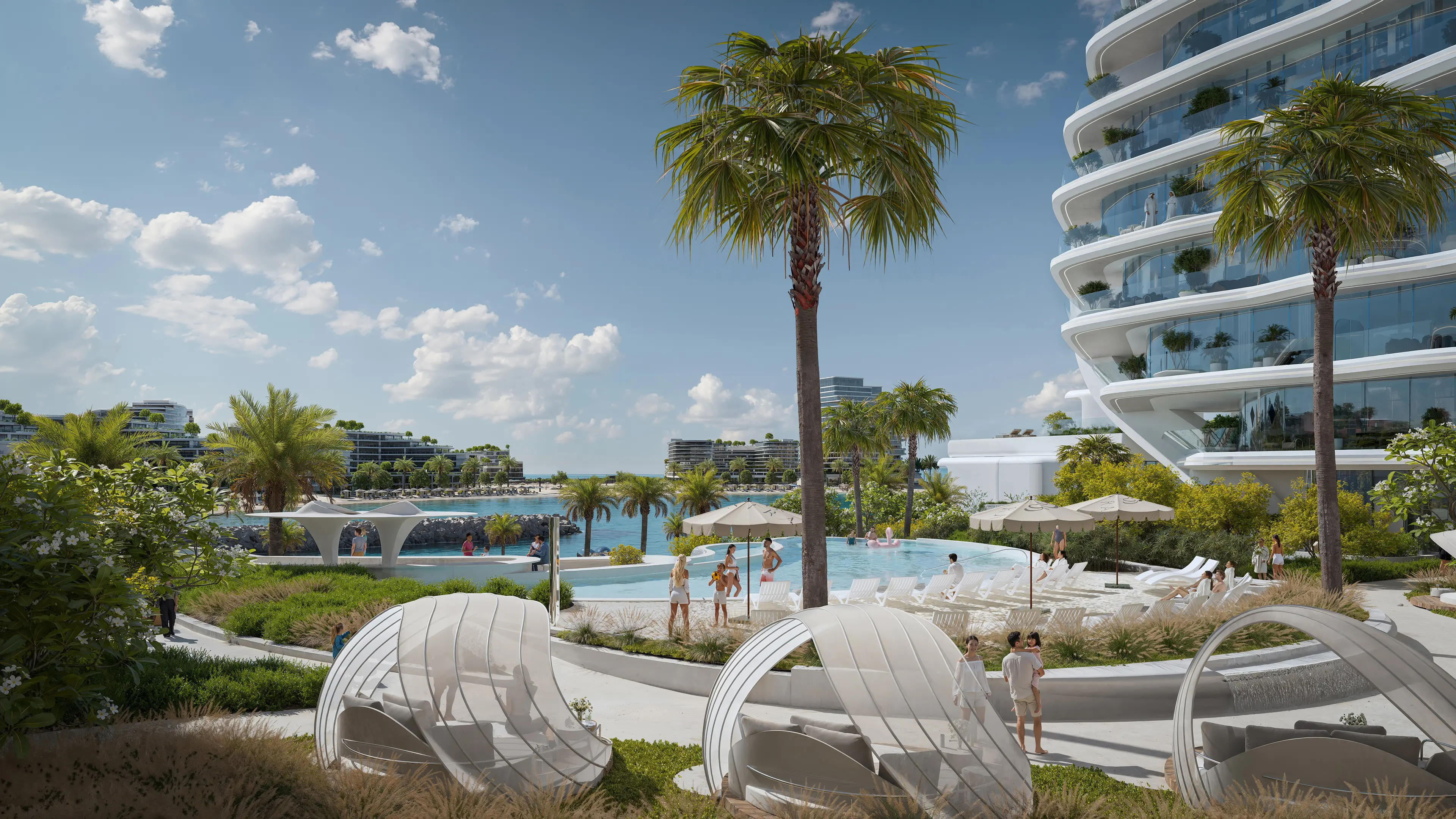 Landscaped walkways and cabanas